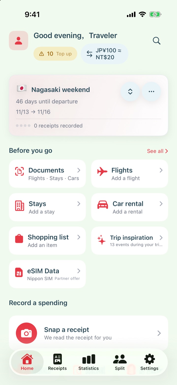 The Before you go section on the Tabi Shu home screen, showing the Trip inspiration card