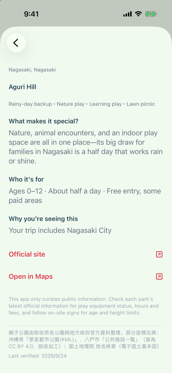 A family park page showing what makes it special, suitable ages and why it was suggested