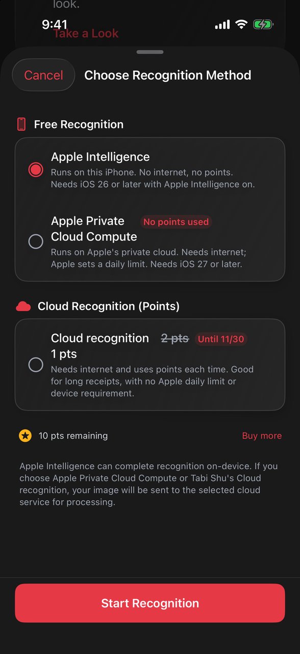 The Choose Recognition Method menu. Free Recognition lists Apple Intelligence and Apple Private Cloud Compute. Cloud Recognition (Points) lists Cloud recognition. Remaining points and a Start Recognition button are at the bottom.