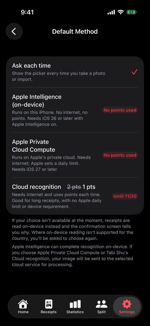 The Default Method settings screen with four options: Ask each time, Apple Intelligence (on-device), Apple Private Cloud Compute, and Cloud recognition